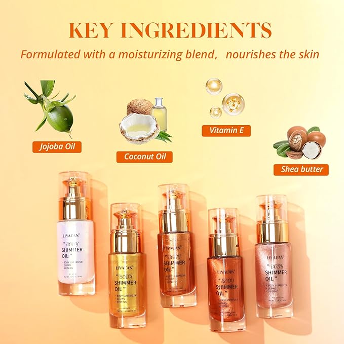 Liyalan Shimmer Body Oil 5 Color Options 1.0 fl.oz Face Glow Pearl Highlighter Illuminator Long-Lasting Shine Glitter Liquid Tanning with Makeup Brush Included (#02 Gold)