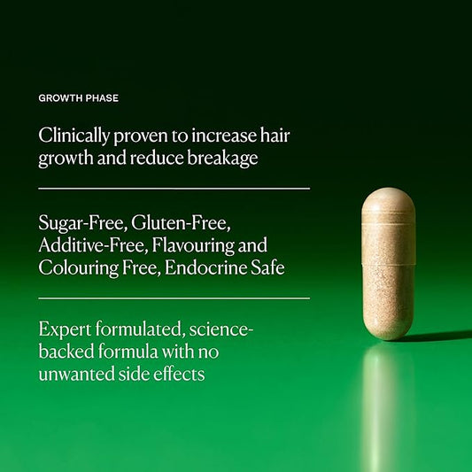 The Nue Co. Growth Phase Supplement, Supports Hair Growth, Reduces Breakage, Thicker & Fuller Hair, Contains Vitamins, Reishsi Mushrooms, Proteins & Adaptogens, Vegan, Gluten Free, 90 Capsules