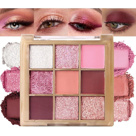 9 Colors Pink Eye Shadow Palettes,Nude Rose Gold Champagne Plum Eyeshadow Palette for Older Women,Natural Powde Eye Shadows Waterproof Long Lasting Naturing-Looking,Travel Size Makeup Pallete