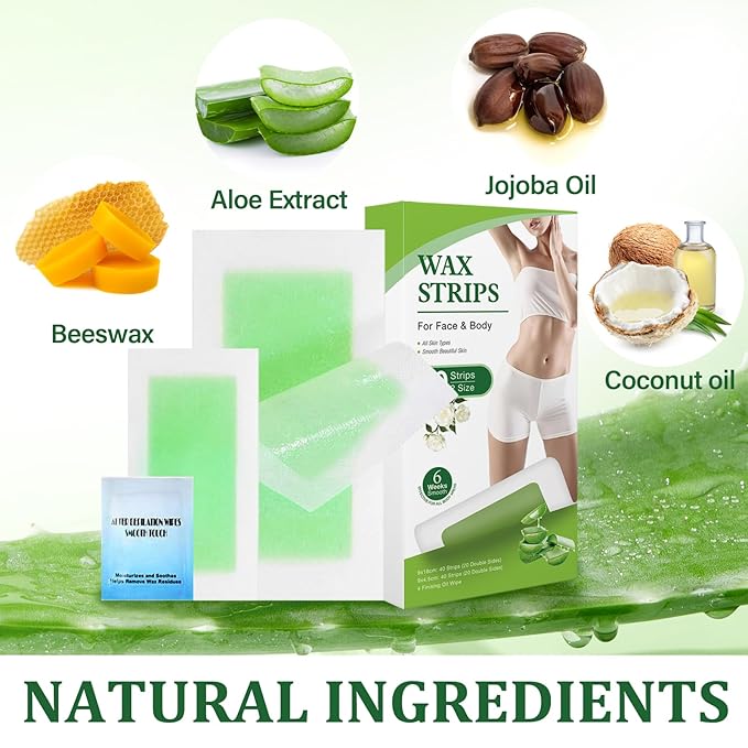 Wax Strips For Hair Removal, Waxing Kit For Women, Wax strips, Hypoallergenic, Facial Hair Removal for Women And Men, Waxing Hair Removeal Kit with 80 PCS + 4 Calming Oil Wipes(Green, Pack of 80)