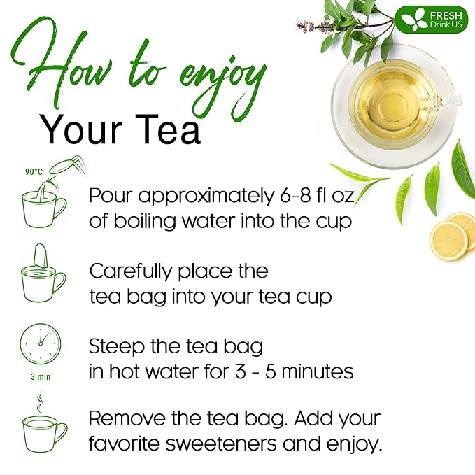 FreshDrinkUS, Premium 75 Tulsi Green Tea Bags, 100% Natural, Blend of Tulsi Holy Basil Leaves, and Green Tea Leaves. Made with Natural Material Tea Bags. No Sugar, Vegan.