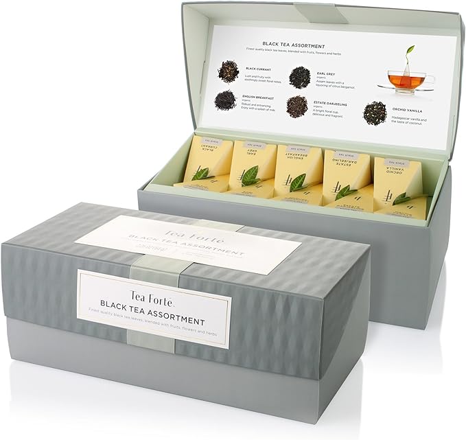 Tea Forte Assorted Black Tea Presentation Box Tea Gift Set Sampler, 20 Count, 2 of Each Variety Individually Wrapped Handcrafted Pyramid Infuser Bags