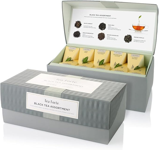 Tea Forte Assorted Black Tea Presentation Box Tea Gift Set Sampler, 20 Count, 2 of Each Variety Individually Wrapped Handcrafted Pyramid Infuser Bags