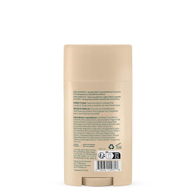 ATTITUDE Aluminum Free Deodorant, Natural Origin Ingredients, EWG Verified, Odor Control With Baking Soda, Twist & Glide, Dermatologically Tested, Vegan, Sandalwood & Cedar Scent, 2.64 Oz