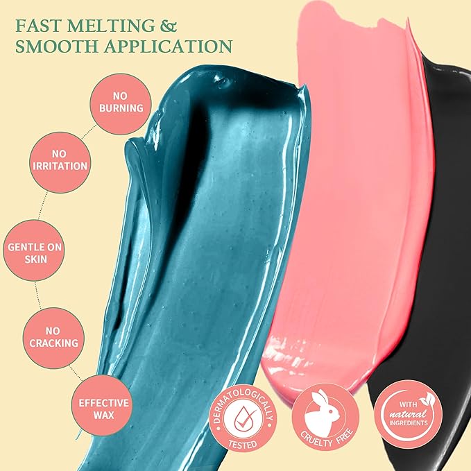 Maxpearl Hard Wax Beads, Pack of 3 Hair Removal Wax Beans Refill - Brazilian Waxing, Face, Eyebrows, Underarms, Bikini, Arms, Chest, Back, Legs, 10.5oz (Green/Pink/Black)