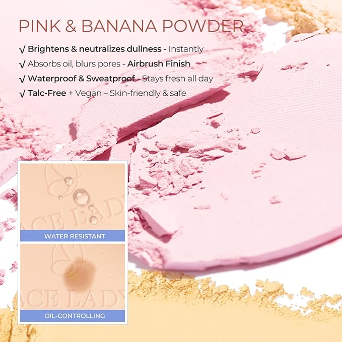 SACE LADY Face Powder Waterproof Setting Makeup, Talc-Free Oil Control Pressed Powder Compact for Women, Blurring Pores Matte Long Lasting Up to 24 Hours, Cruelty-Free (#06 Banana, 0.35Oz)