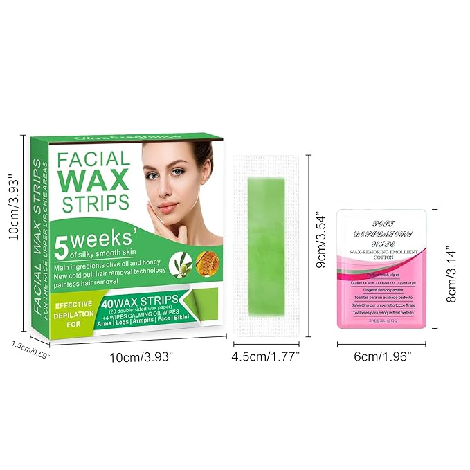 Facial Wax Strips for Women – 98% Natural Formula, Hypoallergenic for Sensitive Skin – Face Wax Strip for Hair Removal, Gentle & Quick Eyebrow Wax Strips for Upper Lip, Chin, Legs & Bikini Line