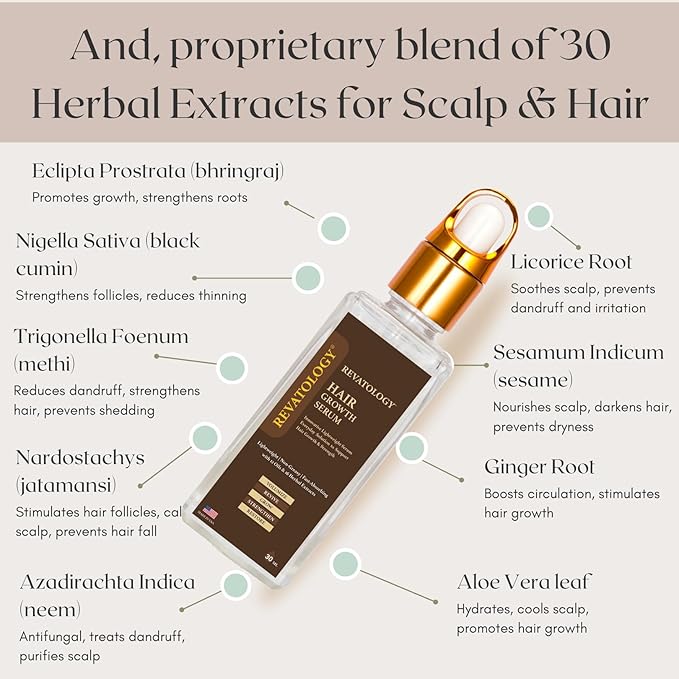 REVATOLOGY Hair Growth Serum and Leave-in Conditioner for Adults (Made in USA) Daily Use Formula 30 Oils and Herbal extracts Boosts Regrowth & Strengthens Roots | Cruelty & Chemical Free