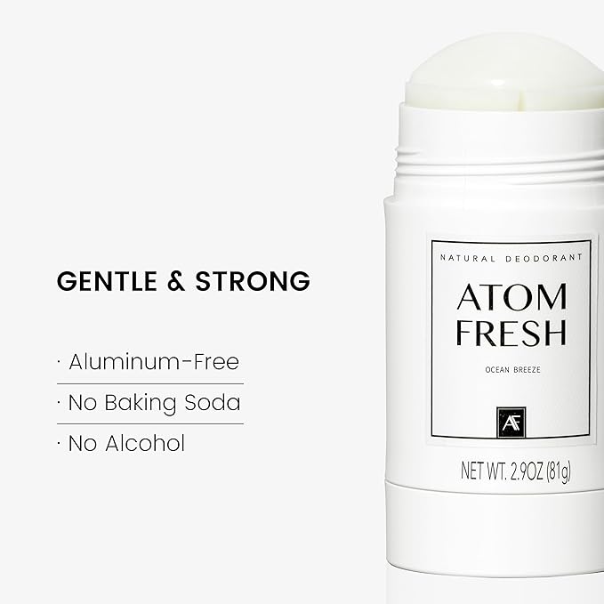 Atom Fresh Natural Deodorant Solid Stick – 72H Triple Odor Defense – Aluminum-Free, Baking Soda-Free – With Amino Acids, Mineral Powder, Plant-Based Starch – Ocean Breeze – Skin Safe – 2.9 oz