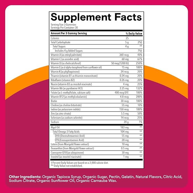 SmartyPants Multivitamin Gummy for Women 50 and Over - Improved Formula: Omega 3 (DHA/EPA), Methylfolate, CoQ10, Vitamin D3, C, Vitamin B12, B6, A, K, Biotin, Gluten Free, 90 Count (30 Day Supply)