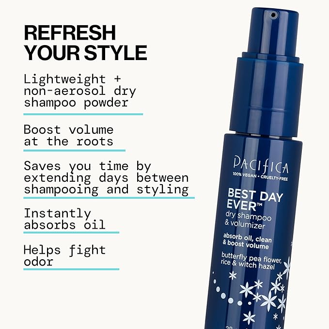 Pacifica Dry Shampoo Powder - Best Day Ever Waterless Shampoo & Instant Volumizer - adds Texture, Refreshes & Absorbs Oil, Non-Aerosol for Women of All Hair Types Natural & Vegan Dermatologist Tested