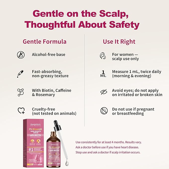 Minoxidil Hair Growth Serum, 2% Minoxidil for Women Topical Solution, Advanced Hair Regrowth Treatment for Thinning Hair Loss, Thicker Fuller Hair, with Biotin Rosemary Caffeine Jojoba Ginseng, 100mL