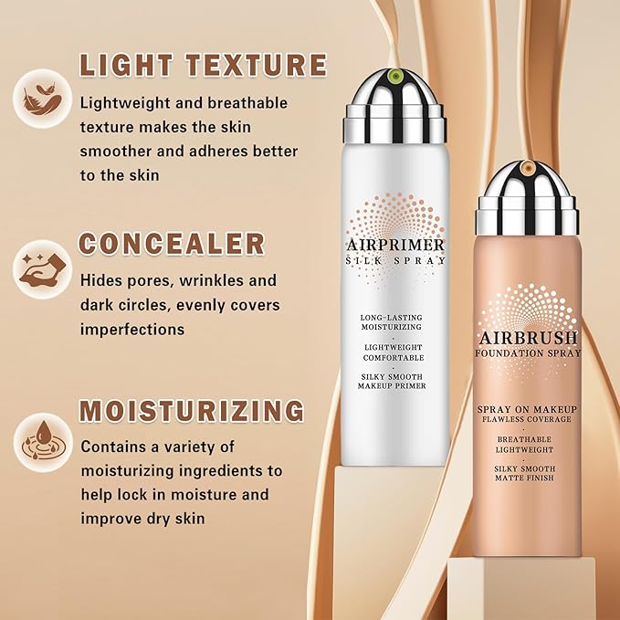 Airbrush Foundation Makeup with Primer,Breathable Blendable Foundation Full Coverage with Anti-aging Ingredients for Smooth Radiant Skin (01 Natural)