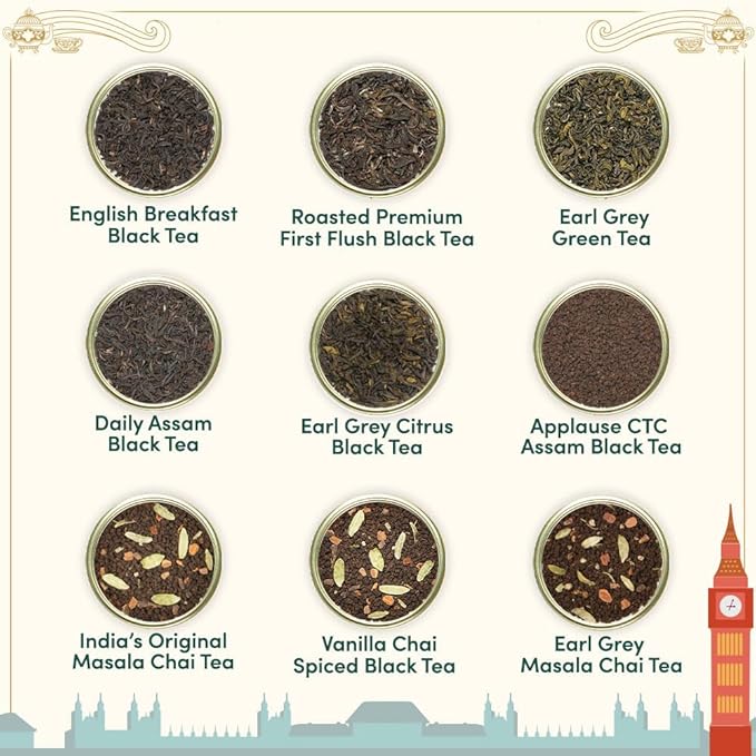 VAHDAM Weekend in London Tea Gift Set – Travel Edition Gift Box | 9 Varieties of Chai & Black Tea | Gluten-Free, Non-GMO | Gift for Women & Men