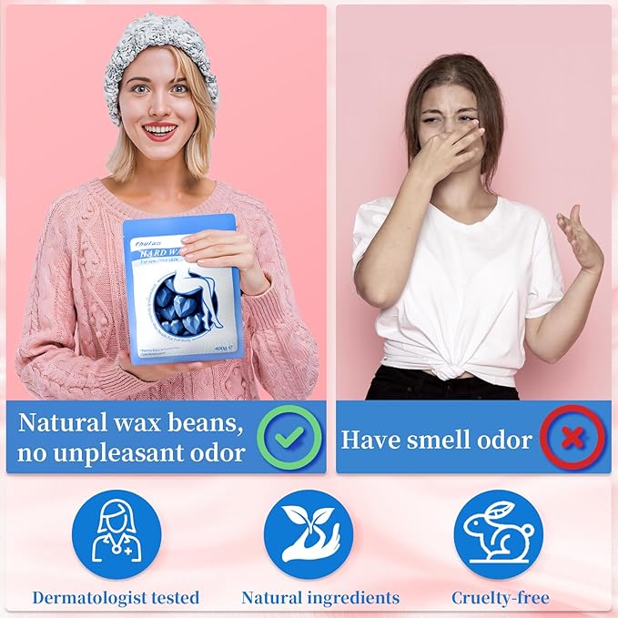 Chulan Heart Hard Wax Beads for Sensitive Skin, 400g Hypoallergenic Unscented Waxing Bead for Coarse Hair Removal, Blue Wax Beans Pearl for Body, Brazilian, Bikini, Legs, Armpits Women Home Salon