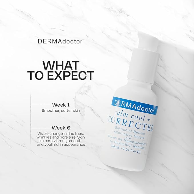 DERMAdoctor Calm Cool + Corrected Dermatologist Formulated Bakuchiol Retinol Alternative Serum for Sensitive Skin; Anti Aging Serum for Fine Lines, Wrinkles, Brightening and Pore Minimizing - 1.01 oz