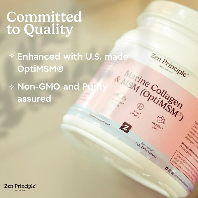 Zen Principle Marine Collagen Peptides Powder with OptiMSM® Supplement. Clinically Tested for Skin Support. Wild-Caught Fish, Non-GMO. Container 16 oz