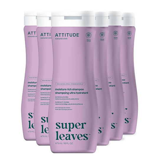 ATTITUDE Moisture Rich Hair Shampoo, EWG Verified, For Dry and Damaged Hair, Naturally Derived Ingredients, Vegan and Plant Based, Quinoa and Jojoba, 16 Fl Oz (Pack of 6)