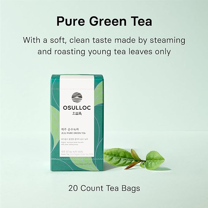 OSULLOC Pure Green Tea (Mild, Clean tasting Aroma), USDA Organic, Premium Blended Tea from Jeju, Tea Bag Series 20 count