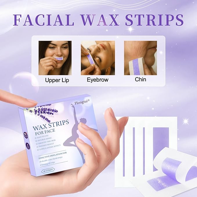 Facial Wax Strips for Hair Removal: Fast Working and Gentle for Face, Eyebrow, Upper Lip, Chin - Waxing Strips Kit for Women - At Home Waxing Kit with 40 Face Wax Strips + 4 Calming Oil Wipes