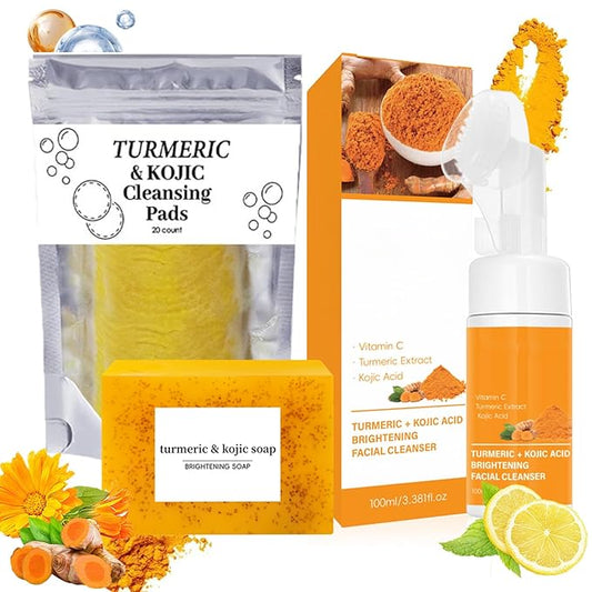 Turmeric Wash and Care Three Piece Set,Turmeric Facial Cleanser & Turmeric Soap Bar & Turmeric Face Scrub Pads,Face & Body Cleanser,Turmeric Cleansing Skincare Set, Deep Cleansing