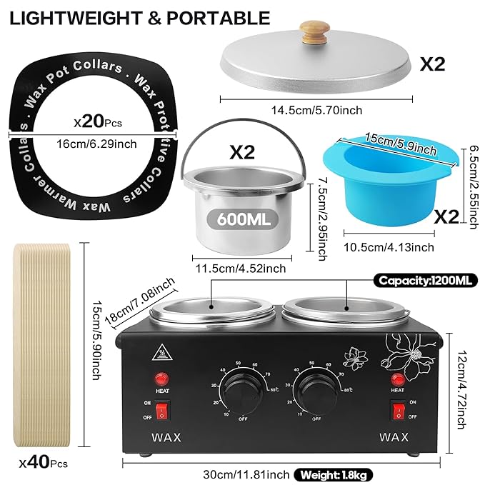 Portable Wax Warmer Machine for Painless Hair Removal, Women Men Professional Wax Heater with Adjustable Temperature Set, 40pcs Sticks, 2 Silicone Bowls (Black - Double Pots)