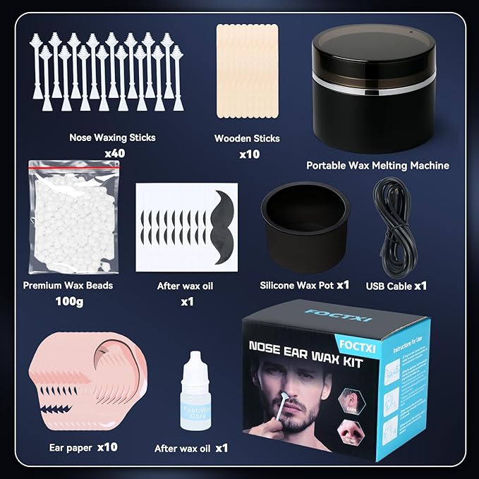 Nose Wax Kit - Portable Ear Nose Hair Waxing Kit for Men and Women with 100g Ｗax, 40 Nose Hair Sticks, 10 Applicators, 10 Mustache & 10 Ear Protectors, Wax Warmer Kit for Hair Removal