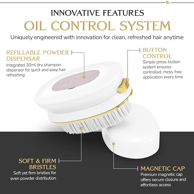 DARCASE Premium Dry Shampoo Brush - Non Aerosol Dry Shampoo for Women - Refillable Travel Size Powdered Shampoo Brush - Travel Essentials for Women - Pre-Filled 30ml Unscented Talc Free Hair Powder