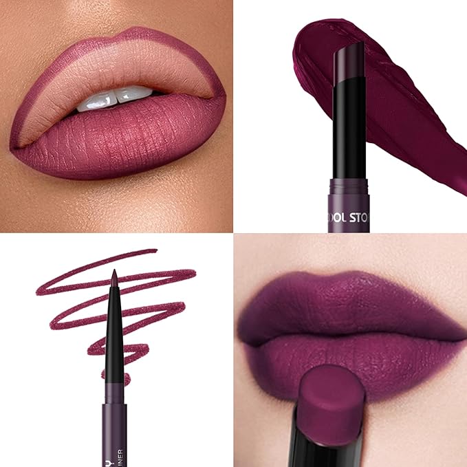 COOL STORY 2 Piece Lip Liner and Lipstick Set, Long Lasting Formula, Professional Makeup Kit (08)