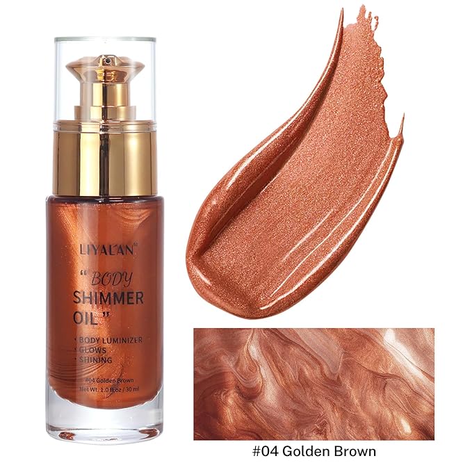 Liyalan Shimmer Body Oil Golden Brown Color 1.0 fl.oz Face Glow Pearl Highlighter Illuminator Long-Lasting Shine Glitter Liquid Tanning with Makeup Brush