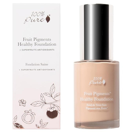100% PURE Healthy Foundation Full Face Coverage Makeup, Liquid Matte Finish with Anti-Aging Benefits - Vegan Gorgeous Fruit Pigmented White Peach Color (Light with Warm Undertone) - 1 Fl Oz