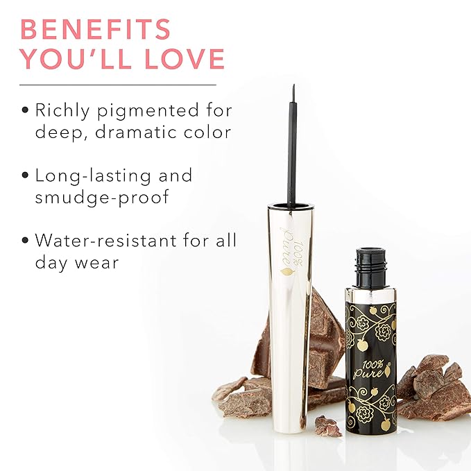 100% PURE Long Last Liquid Eye Liner - Natural, Water-Resistant & Smudge-Proof Easy to Apply Vegan Eye Makeup for All Skin Types - Fruit Pigmented Color Dark Chocolate (Brown) - 0.23 Fl oz