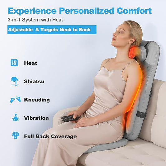 Shiatsu Neck and Back Massager with Heat - 3D Kneading & Vibration Full-Back Massage Cushion to Ease Muscle Stiffness, Adjustable Intensity & Height for Office Chair, Home Use (Grey)