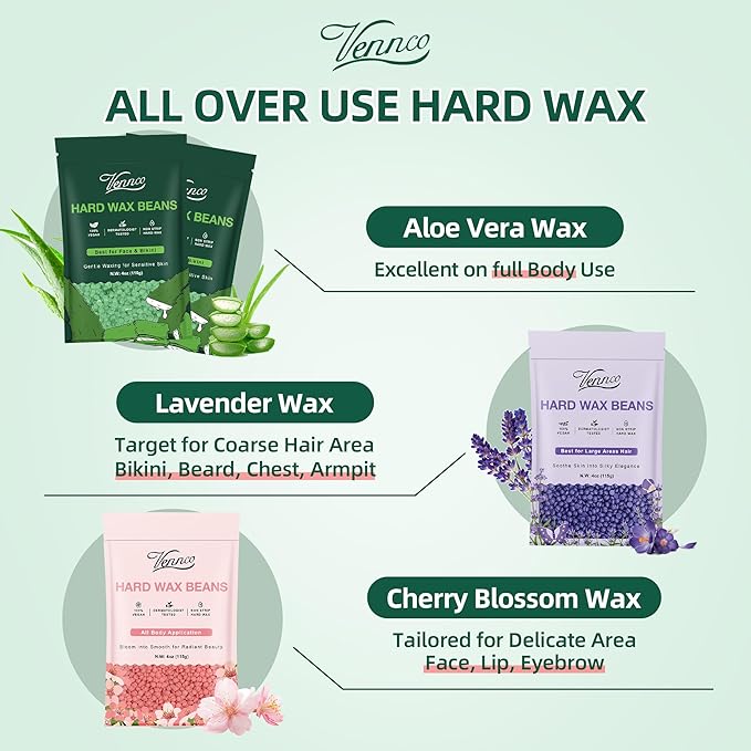 Hard Wax Beads Kit for Hair Removal, 36 Pieces Wax Beads for Full Body, Face, and Brazilian Bikini, Aloe, Lavender, Cherry Blossom - Includes Pre and Post Wax Oils