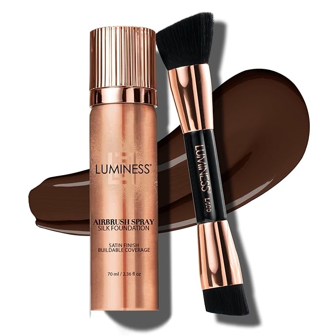 LUMINESS Silk Airbrush Spray Foundation & Buffing Brush Kit – Full Coverage Foundation & Dual-Sided Buffing Brush - Buildable Coverage, Anti-Aging Formula Hydrates & Moisturizes (Shade - Rich)
