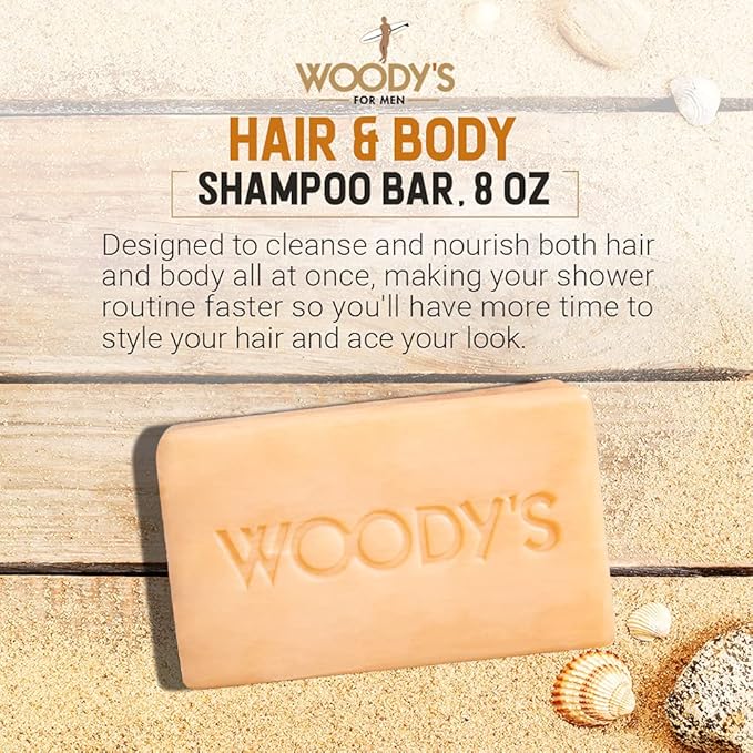 Woody's Hair & Body Shampoo Bar for Men – 2-in-1 Solid Shampoo Bar & Body Wash, Deep Cleansing, Moisturizing, Refreshing Scent, 8 oz, 2 Pack