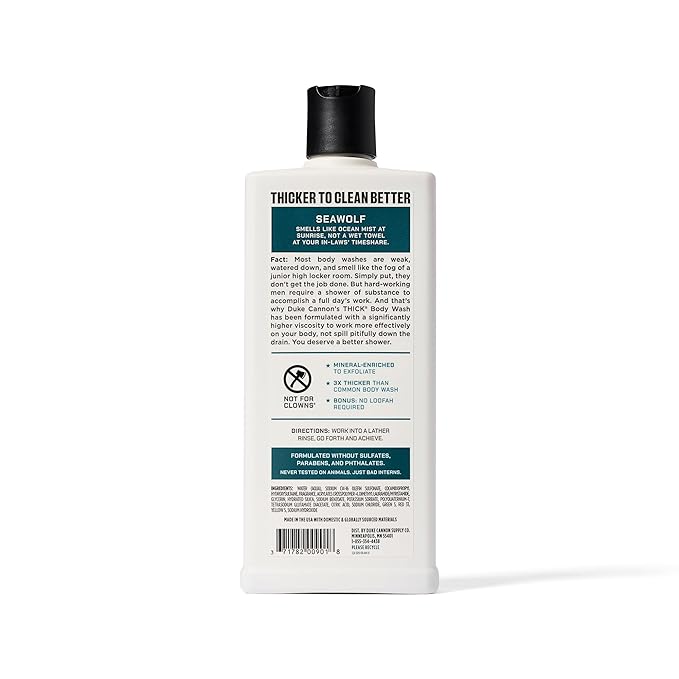 Duke Cannon Supply Co. Thick High Viscosity Body Wash – 3X Thicker, Cleansing Shower and Bath Gel, Mineral-Enriched for Men – Shower Gel – Men’s Body Scrub – Seawolf (18 oz)