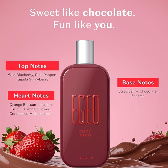 O Boticário Egeo Choc High Eau de Toilette, Sweet Chocolate & Tart Strawberry Gourmand Unisex Perfume, 3 Ounce (90ml)