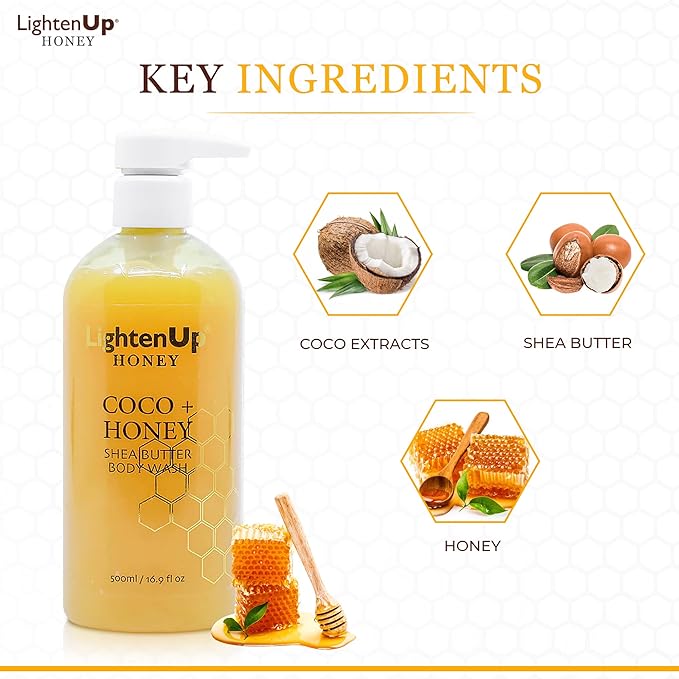 OMIC Lighten-Up LightenUp Honey Body Wash - 16.9 Fl oz / 500 ml - Natural Shower Gel, Cruelty Free, Premium Honey Extract, with Shea Butter