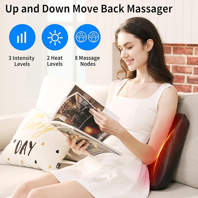 Shiatsu Back Massager with Heat, Rolling Up and Down 4D Kneading Massage, Electric Massager for Pain Relief Deep Tissue, Lumbar Lower Back Massager, Gifts for Women Men Mom Dad