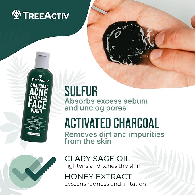 TreeActiv Acne Charcoal Face Wash, 3.4oz, Daily Face Wash with Sulfur and Honey, Charcoal Face Cleanser, Mens Face Wash for Acne, Deep Cleansing Charcoal Face Wash for Women and Men, 400+ Uses, 2-Pack