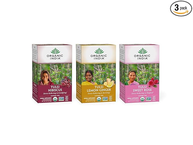 Organic India Iced Tulsi Tea Bags Variety Pack - Assorted Tea, Holy Basil, Hibiscus, Lemon Ginger, Sweet Rose - Adaptogen, Vegan, USDA Certified Organic, Non-GMO - 18 Infusion Bags per Box (Pack of 3)