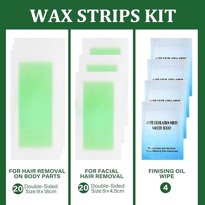 Wax Strips For Hair Removal, Waxing Kit For Women, Wax strips, Hypoallergenic, Facial Hair Removal for Women And Men, Waxing Hair Removeal Kit with 80 PCS + 4 Calming Oil Wipes(Green, Pack of 80)