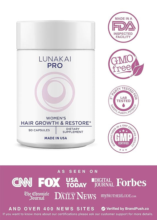 Lunakai PRO USA Made Women’s Hair Growth & Restore Vitamins – Advanced 15+ Nutrient Complex for Visible Results – Natural Thicker Hair Growth Supplement, 90ct