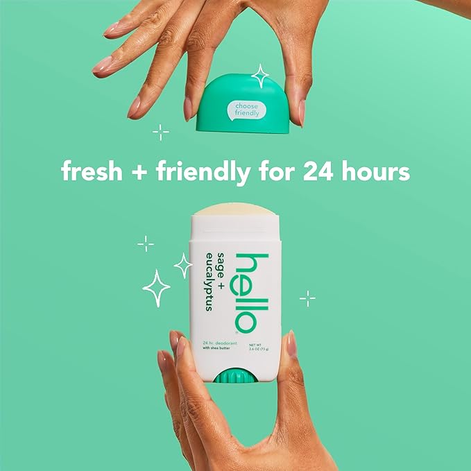 hello Sage and Eucalyptus Aluminum Free Deodorant for Women and Men with Shea Butter, 24-Hour Freshness, Baking Soda Free Deodorant, Dermatologically Tested, 2.6 oz Stick (2 Pack)