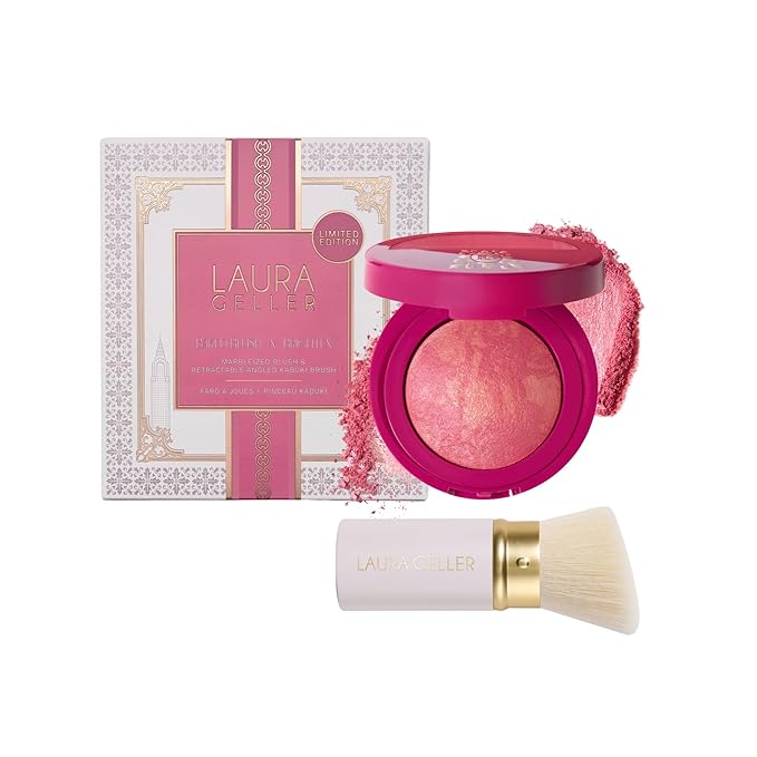 LAURA GELLER NEW YORK Holiday 2025 Limited Edition Baked Blush-n-Brighten Marbleized Blush - Skyline Sunset - Pink Color for Cheeks (02 Skyline Sunset + Kabuki Brush)