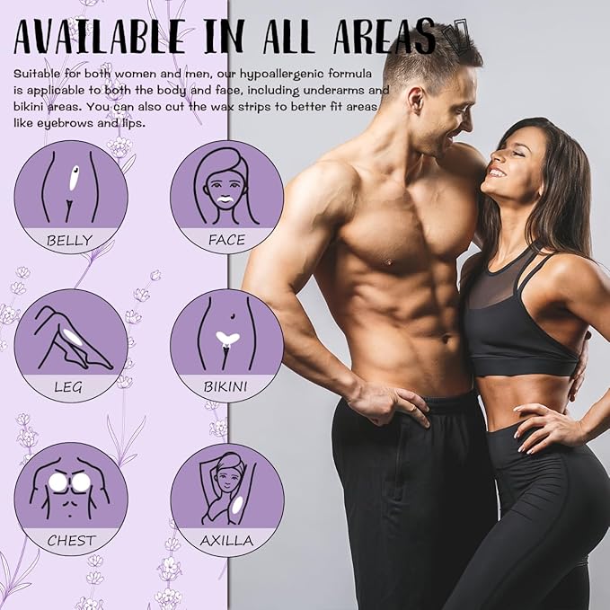 Wax Strips for Hair Removal - 60 Count (40 Body + 20 Face Strips) with 10 Soothing Oil Wipes, At-Home Waxing Kit for Women & Men - Legs, Bikini, Underarms, Face (60 PCS, Lavender)