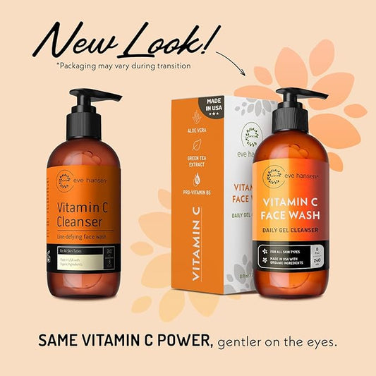 Vitamin C Cleanser Face Wash - HUGE 8 oz Gentle Facial Cleansing Gel for Uneven Skin Tone, Age Spots and Fine Lines - Natural Face Soap with Aloe Vera, Green Tea, Ginseng