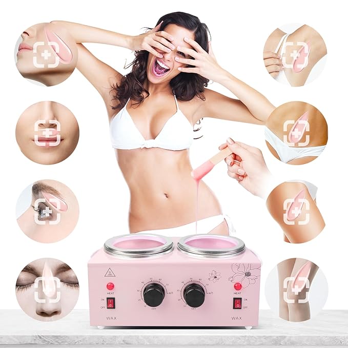Portable Wax Warmer Machine for Painless Hair Removal, Women Men Professional Wax Heater with Adjustable Temperature Set, 40pcs Sticks (Pink - Double Pots)