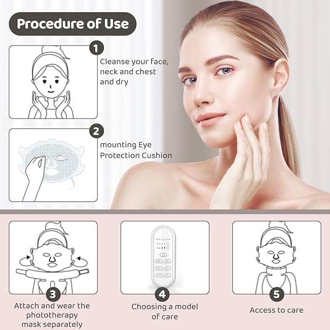 Yahi Red Light Photon Facial & Neck Mask with Remote Control, 7 Custom Modes with Infrared, Portable & Rechargeable with Timer for Home Use, 175 High-Density Light Beads, White